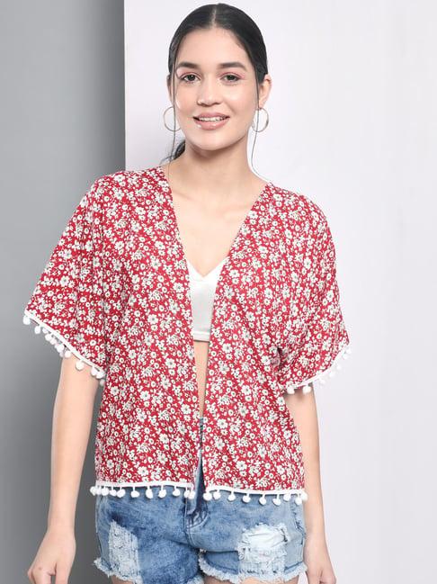 trend arrest red floral print pom pom shrug