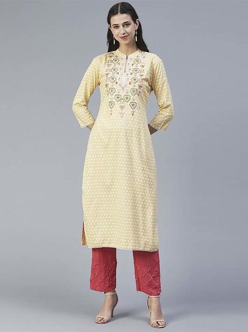 fashor yellow embroidered straight kurta