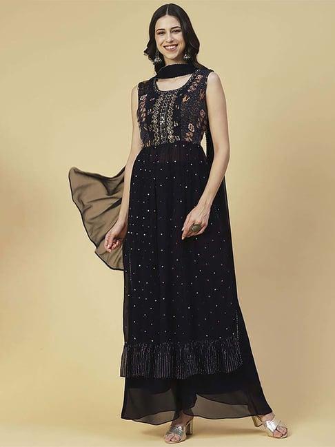 fashor navy embellished kurta palazzo set with dupatta