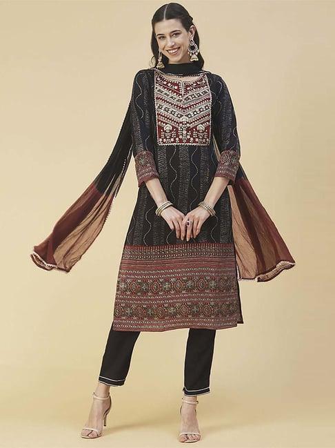 fashor black embroidered kurta pant set with dupatta