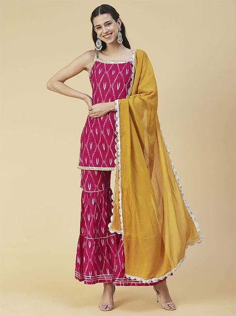 fashor pink cotton printed kurti sharara set with dupatta