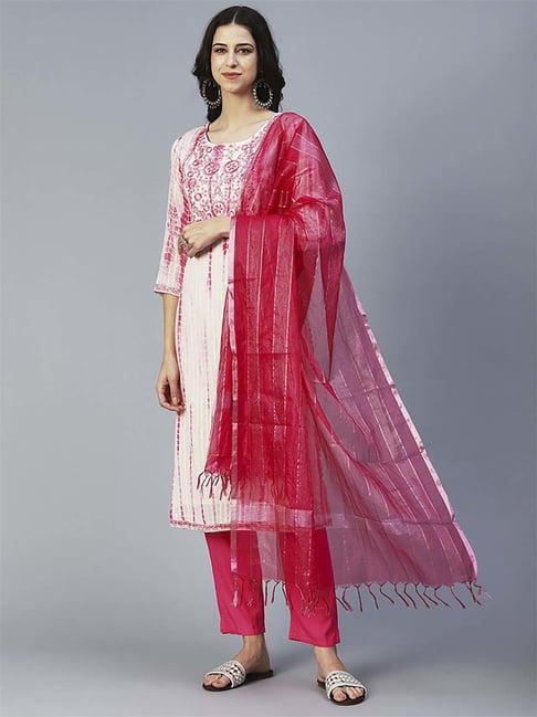 fashor off-white & pink cotton embroidered kurta pant set with dupatta