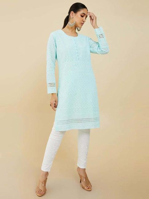 soch blue cotton embroidered straight kurta