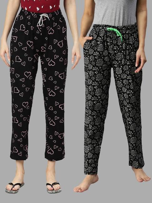 kryptic black printed pure cotton elasticated waist band regular fit pyjamas - pack of 2