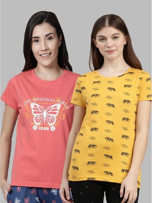 kryptic yellow & dark pink printed cotton t-shirt - pack of 2