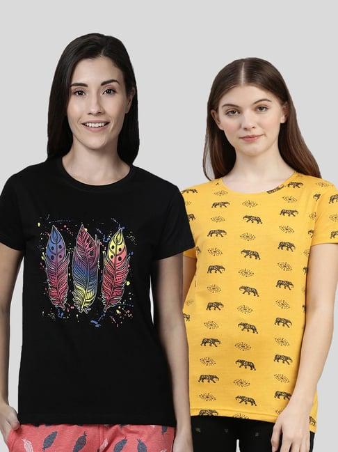 kryptic black & mustard printed cotton t-shirt - pack of 2