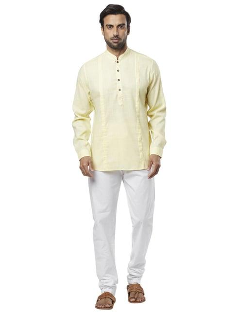 ethnix by raymond yellow linen regular fit short kurta