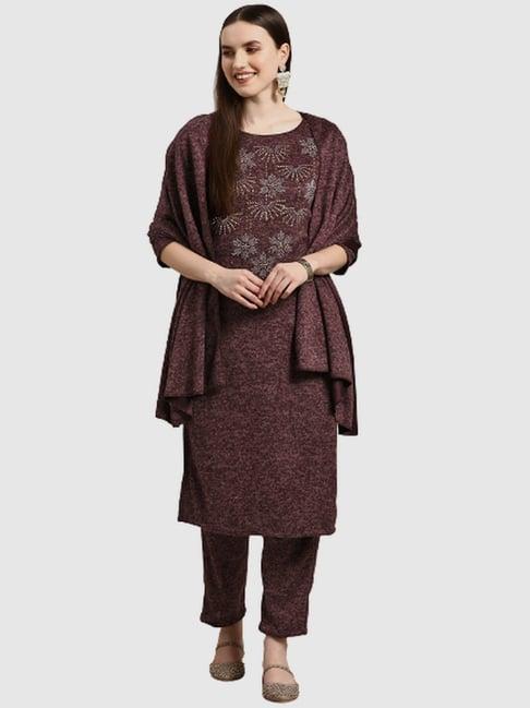 saadgi maroon embellished kurta pant set with dupatta