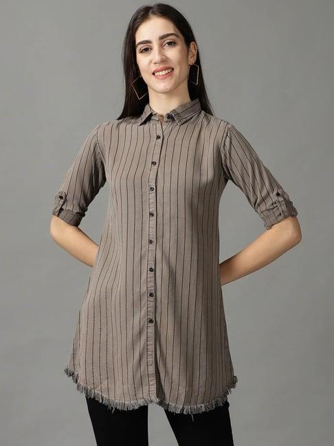 showoff taupe striped longline shirt