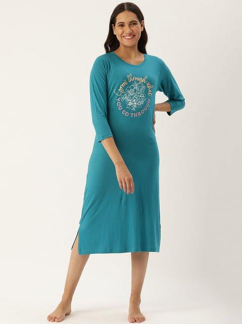 slumber jill sea green printed cotton night dress