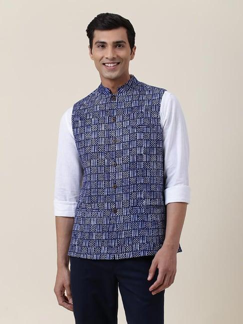 fabindia blue regular fit printed nehru jacket