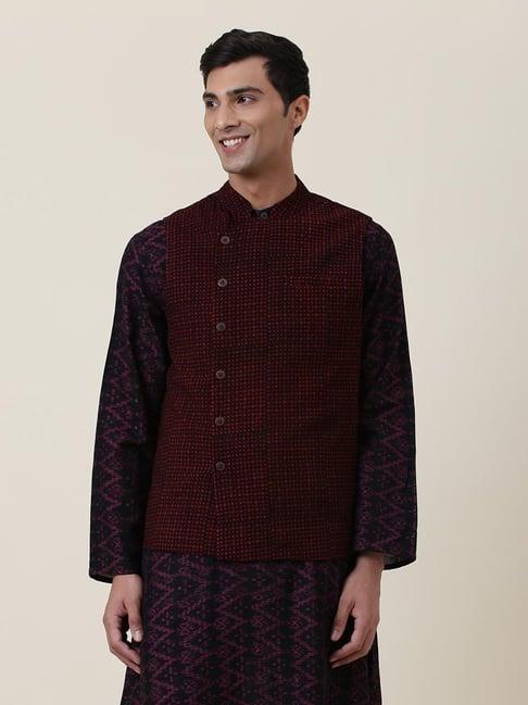 fabindia maroon regular fit checkered nehru jacket