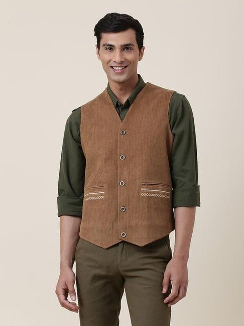 fabindia brown slim fit embellished waistcoat