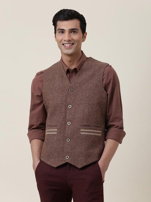 fabindia brown slim fit embellished waistcoat