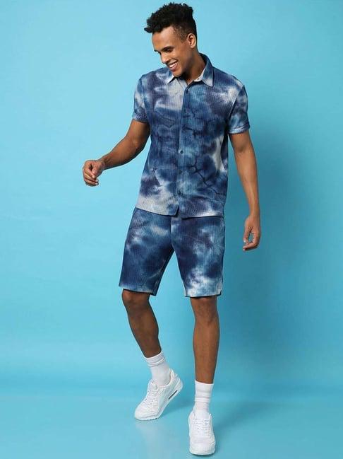 campus sutra navy cotton regular fit tie - dye shirt & shorts set