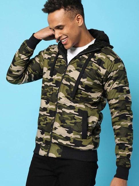 campus sutra olive cotton regular fit camouflage jacket