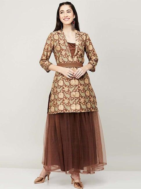 melange by lifestyle brown printed kurti skirt set