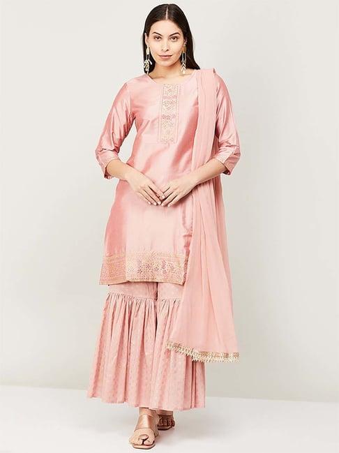 melange by lifestyle peach embroidered kurti sharara set with dupatta