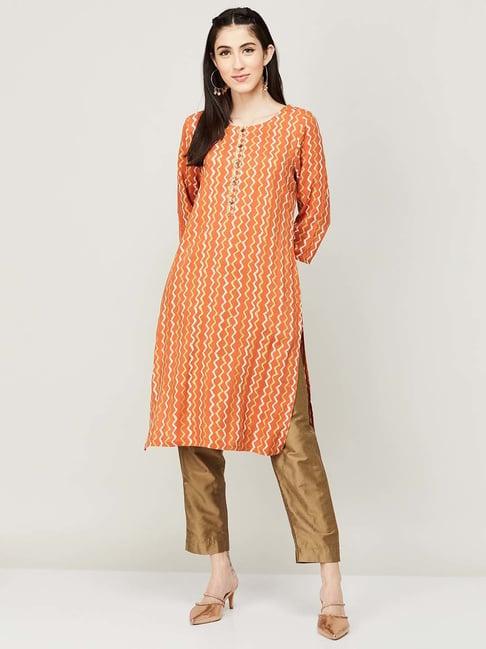 melange by lifestyle rust printed straight kurta