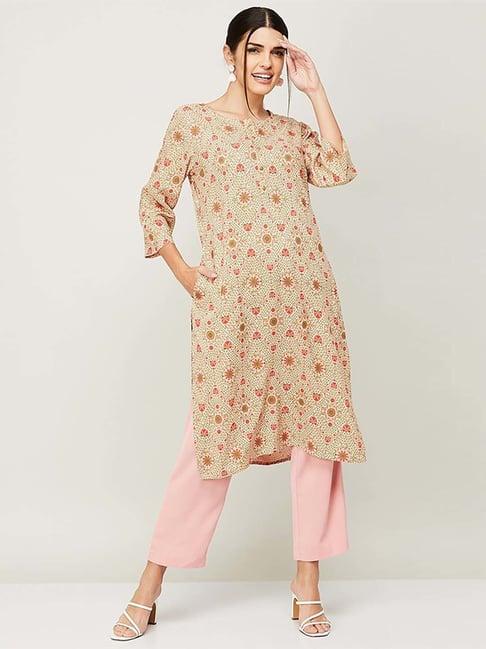 melange by lifestyle peach printed straight kurta