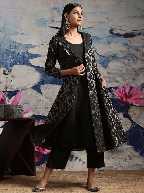 abhishti black floral print kurta pant set with jacket