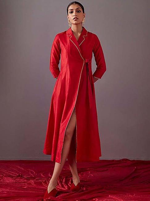 abhishti red cotton a-line wrap dress