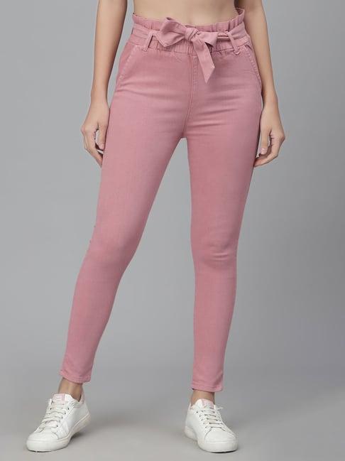 style quotient pink mid rise slim fit trousers