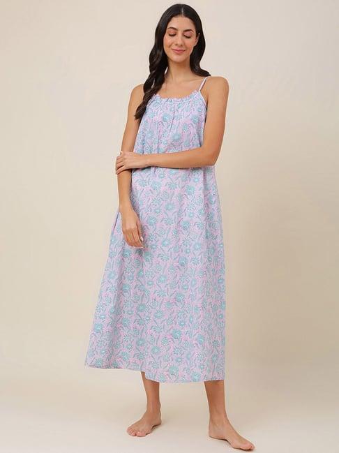 fabindia pink & blue cotton floral print nighty