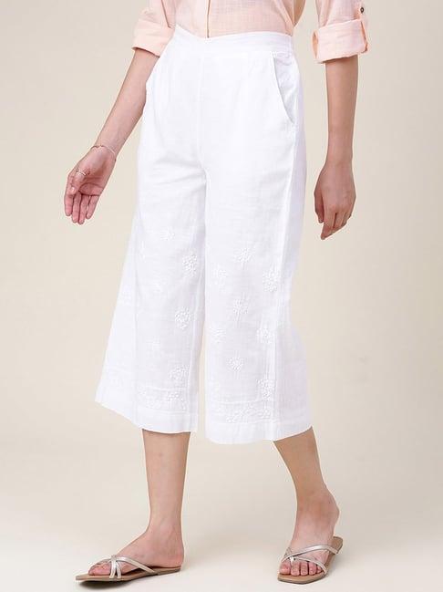 fabindia white cotton embroidered culottes