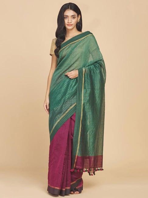 fabindia green & purple striped saree without blouse