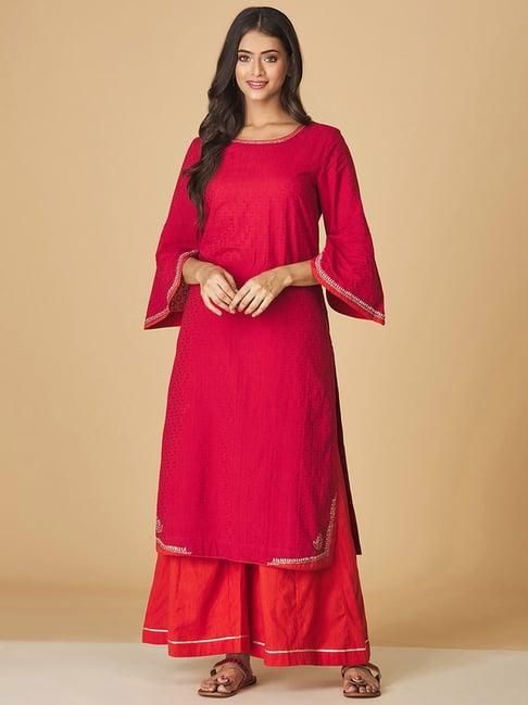 fabindia red cotton embroidered kurta palazzo set