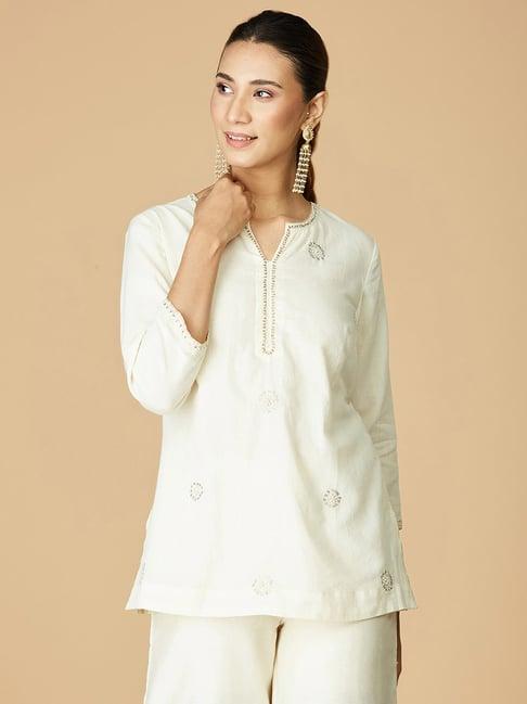 fabindia off-white cotton embellished straight short kurti