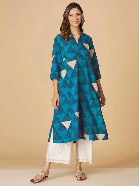 fabindia blue cotton printed a line kurta