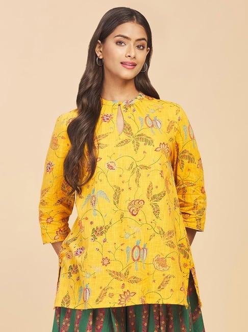 fabindia yellow cotton printed a line short kurti