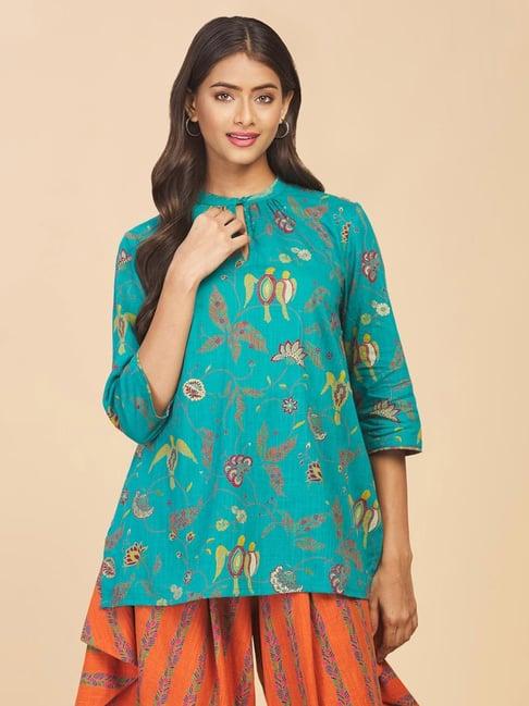 fabindia blue cotton printed a line short kurti