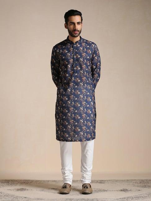 manyavar blue regular fit floral print kurta