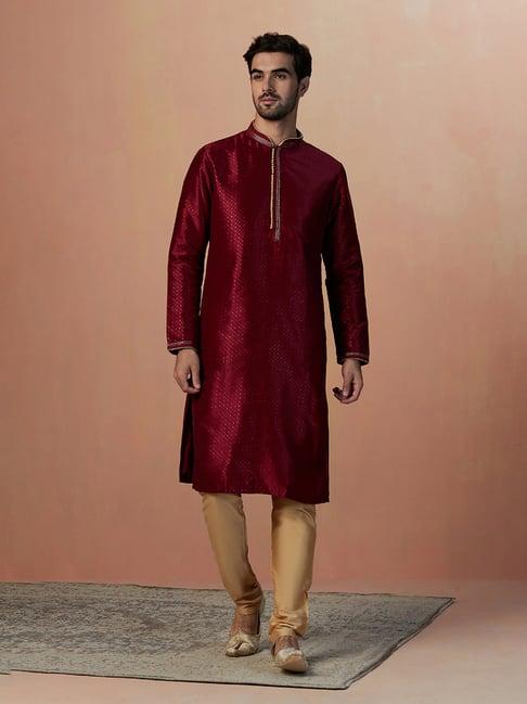 manyavar maroon & gold regular fit self design kurta & pyjama set