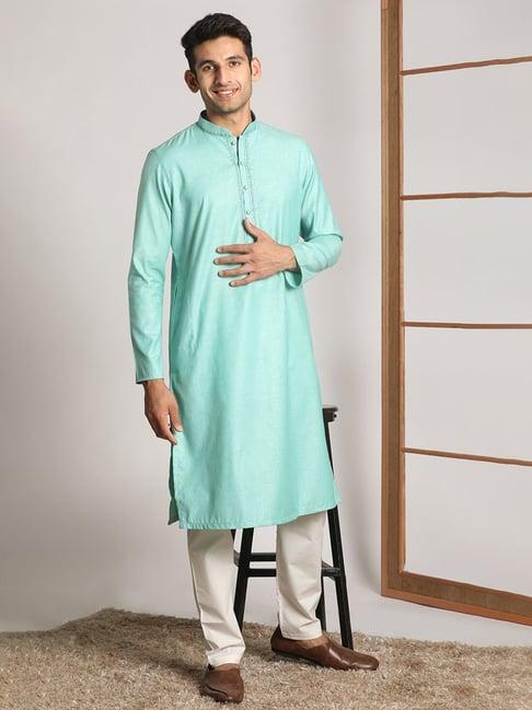 manyavar aqua & beige regular fit kurta & pyjama set