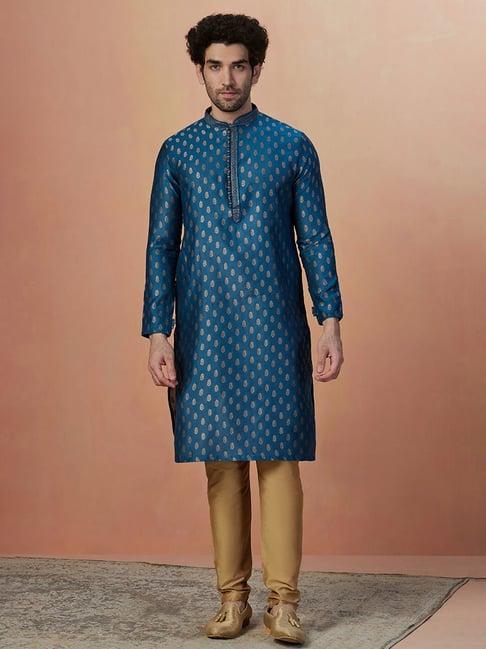 manyavar blue & gold regular fit printed kurta & pyjama set