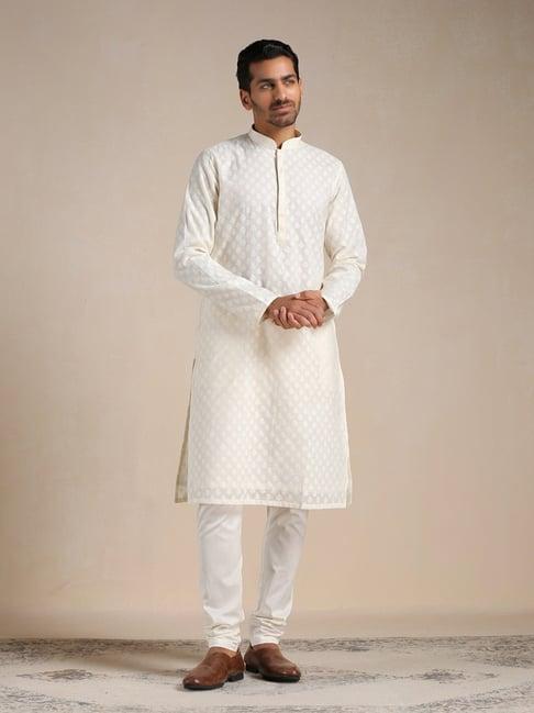 manyavar cream regular fit printed kurta & pyjama set