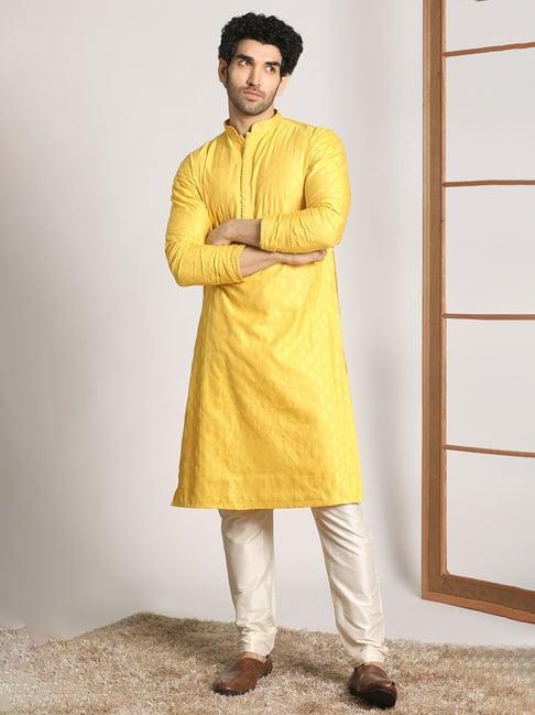 manyavar mustard & beige regular fit self design kurta & pyjama set