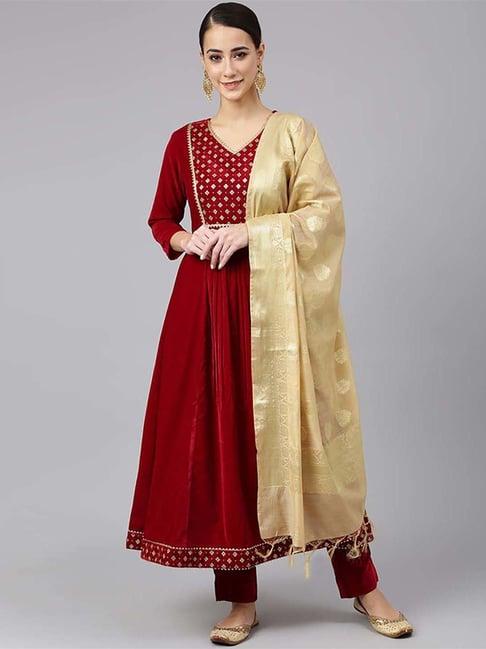 janasya maroon printed kurta pant set with dupatta