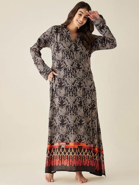 the kaftan company black floral print hooded night dress