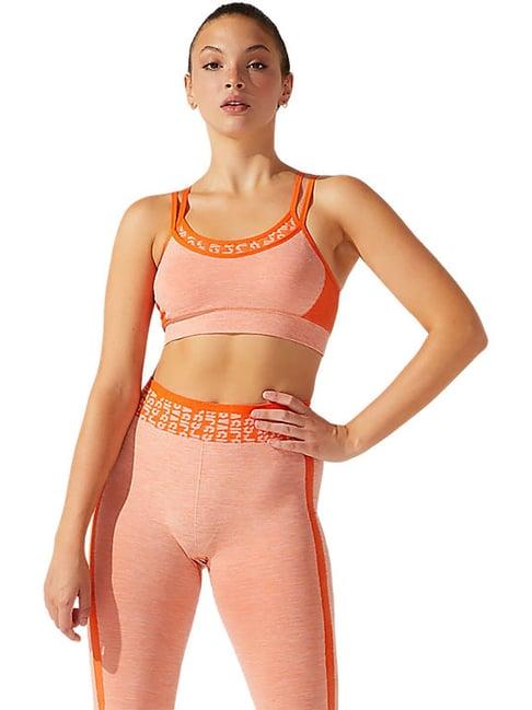 asics orange logo print w cropped seamless sports bra