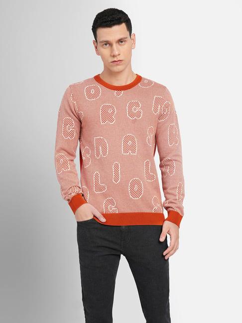 jack & jones orange cotton regular fit printed sweater