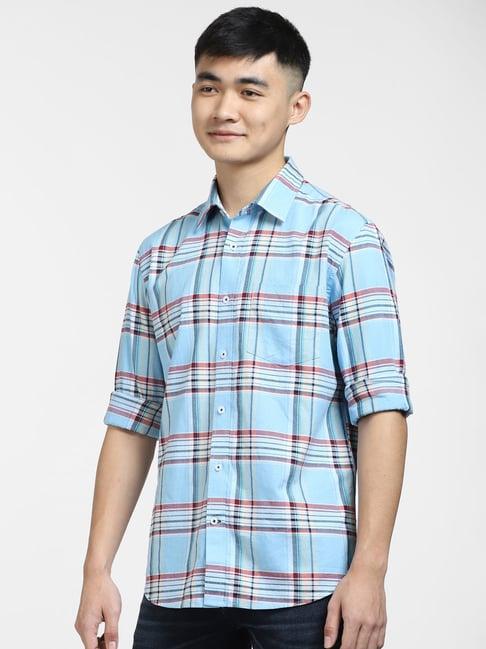 jack & jones sky blue cotton slim fit check shirt