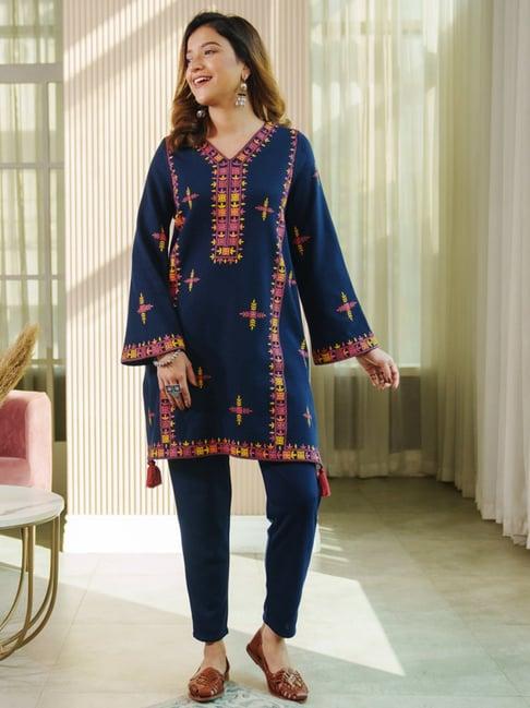 rustorange navy printed a line kurti