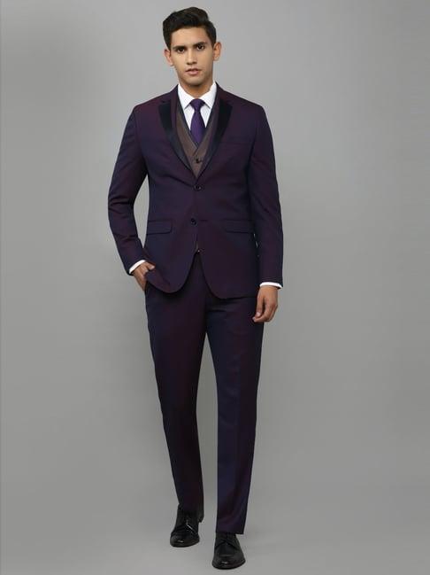 louis philippe purple slim fit checks three piece suit