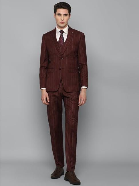 louis philippe maroon slim fit striped three piece suit