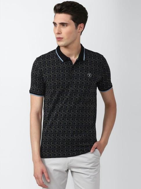 v dot black cotton slim fit printed polo t-shirt